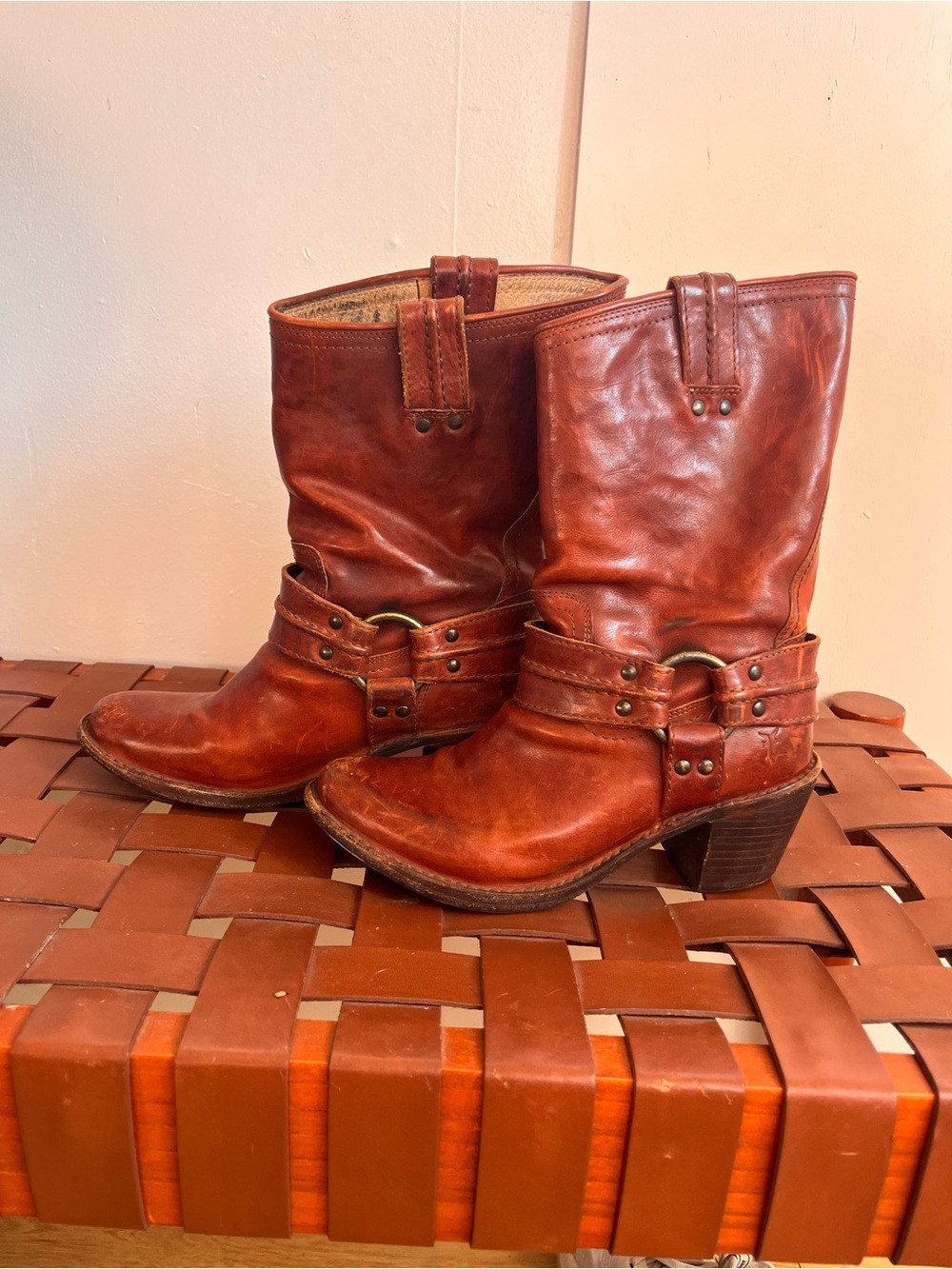 Frye Cognac Leather Harness Heeled Boots
